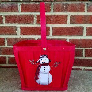 Red Wooden Gift Basket with Snowman Image